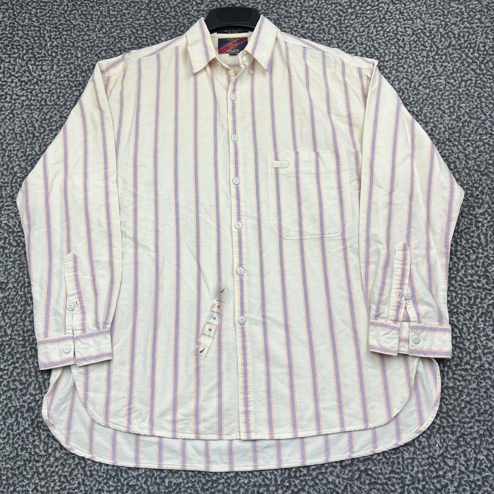 World Island Button Down Shirt Men Medium White Striped Long Sleeve Collared M